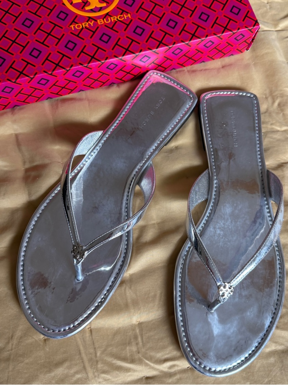 Tory Burch Metallic Silver Thong Sandals